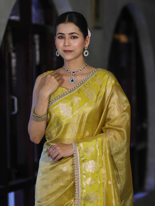 Banarasee Handloom Tissue Saree With Buti Design Contrast Border & Lace-Yellow
