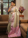 Banarasee Handwoven Tissue Saree With Zari Jaal Design & Lace-Silver & Pink