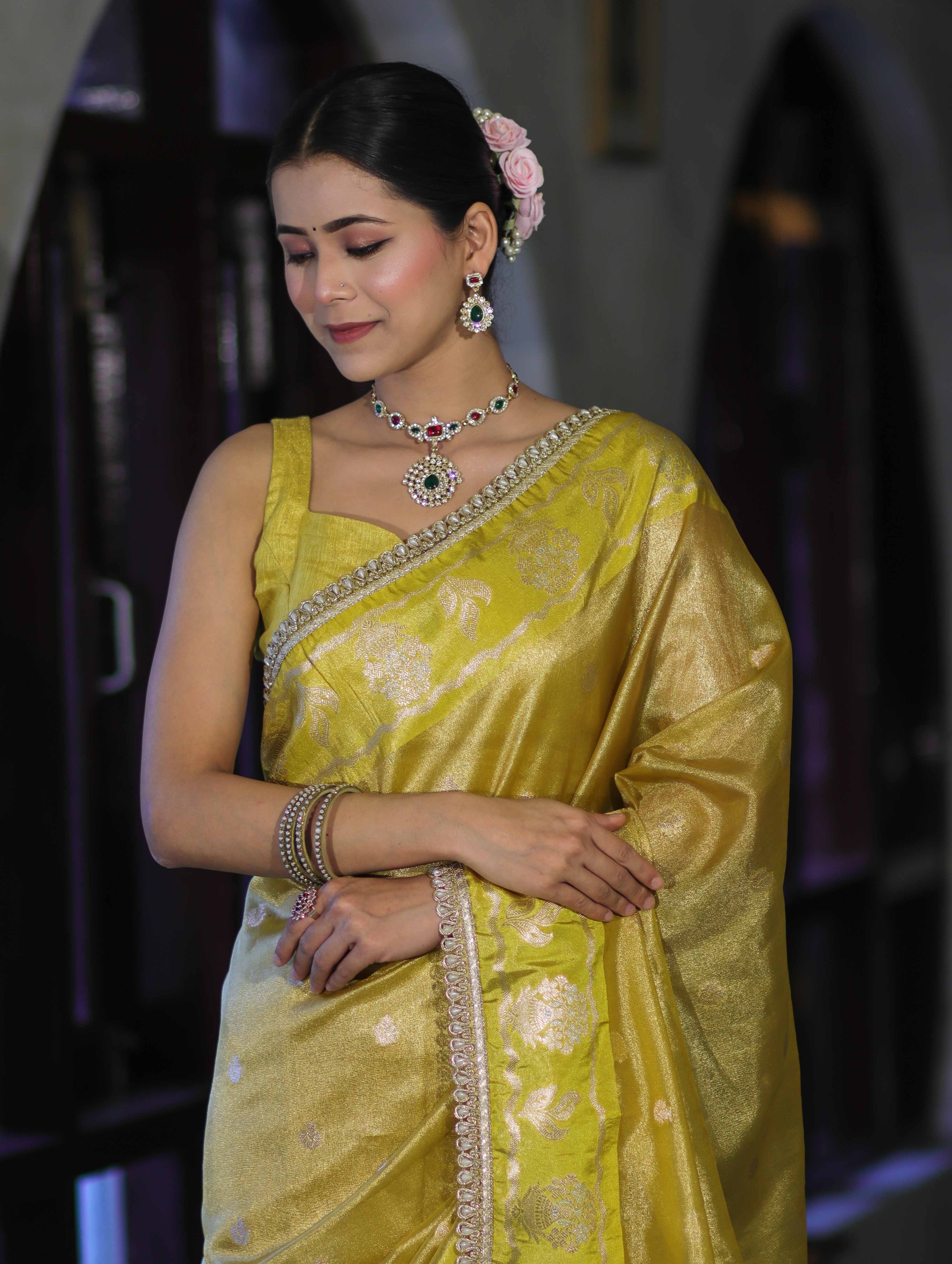 Banarasee Handloom Tissue Saree With Buti Design Contrast Border & Lace-Yellow