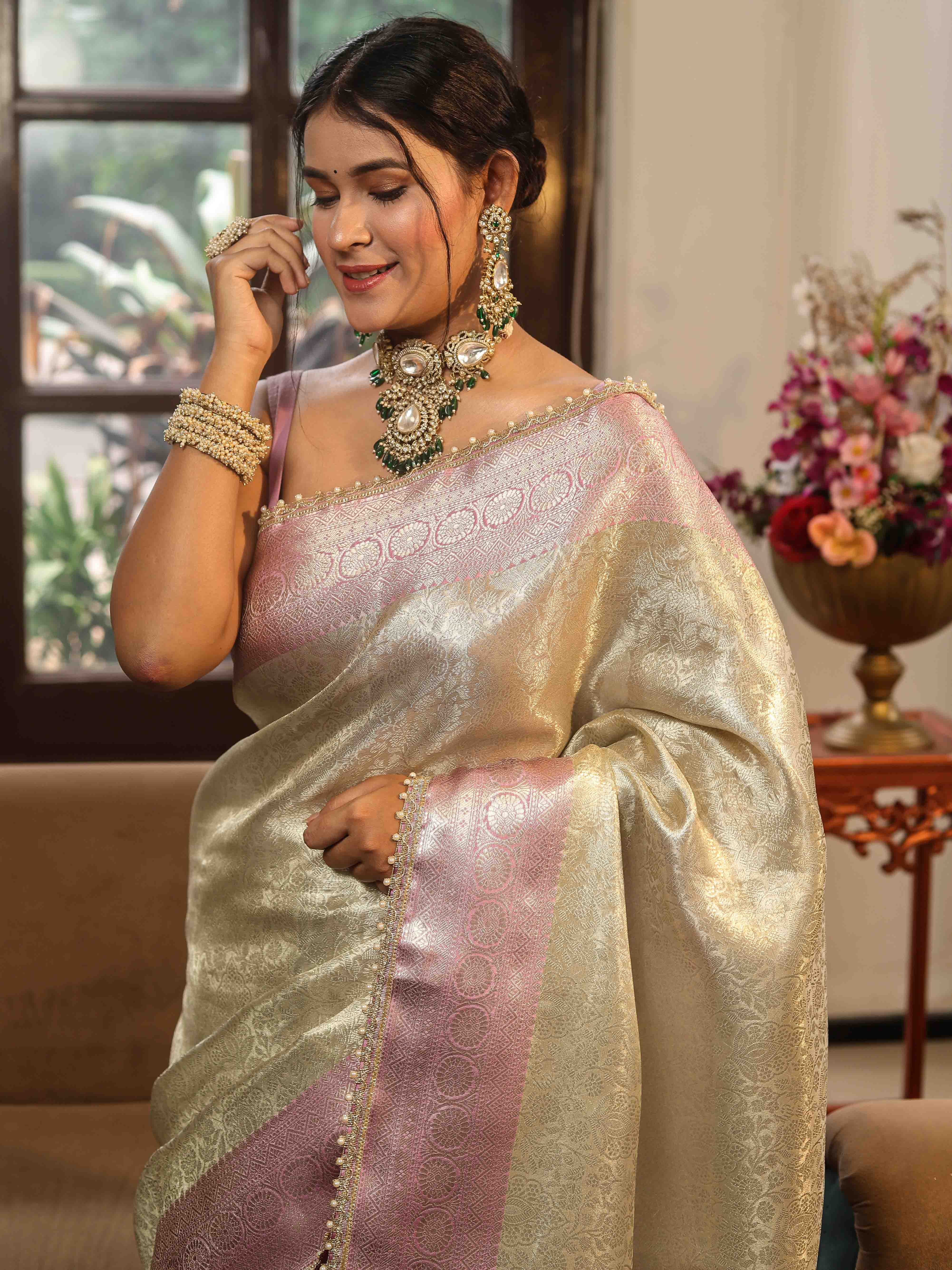Banarasee Handwoven Tissue Saree With Zari Jaal Design & Lace-Silver & Pink