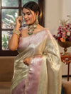 Banarasee Handwoven Tissue Saree With Zari Jaal Design & Lace-Silver & Pink