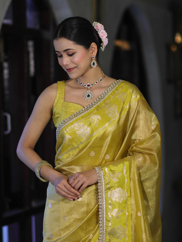 Banarasee Handloom Tissue Saree With Buti Design Contrast Border & Lace-Yellow