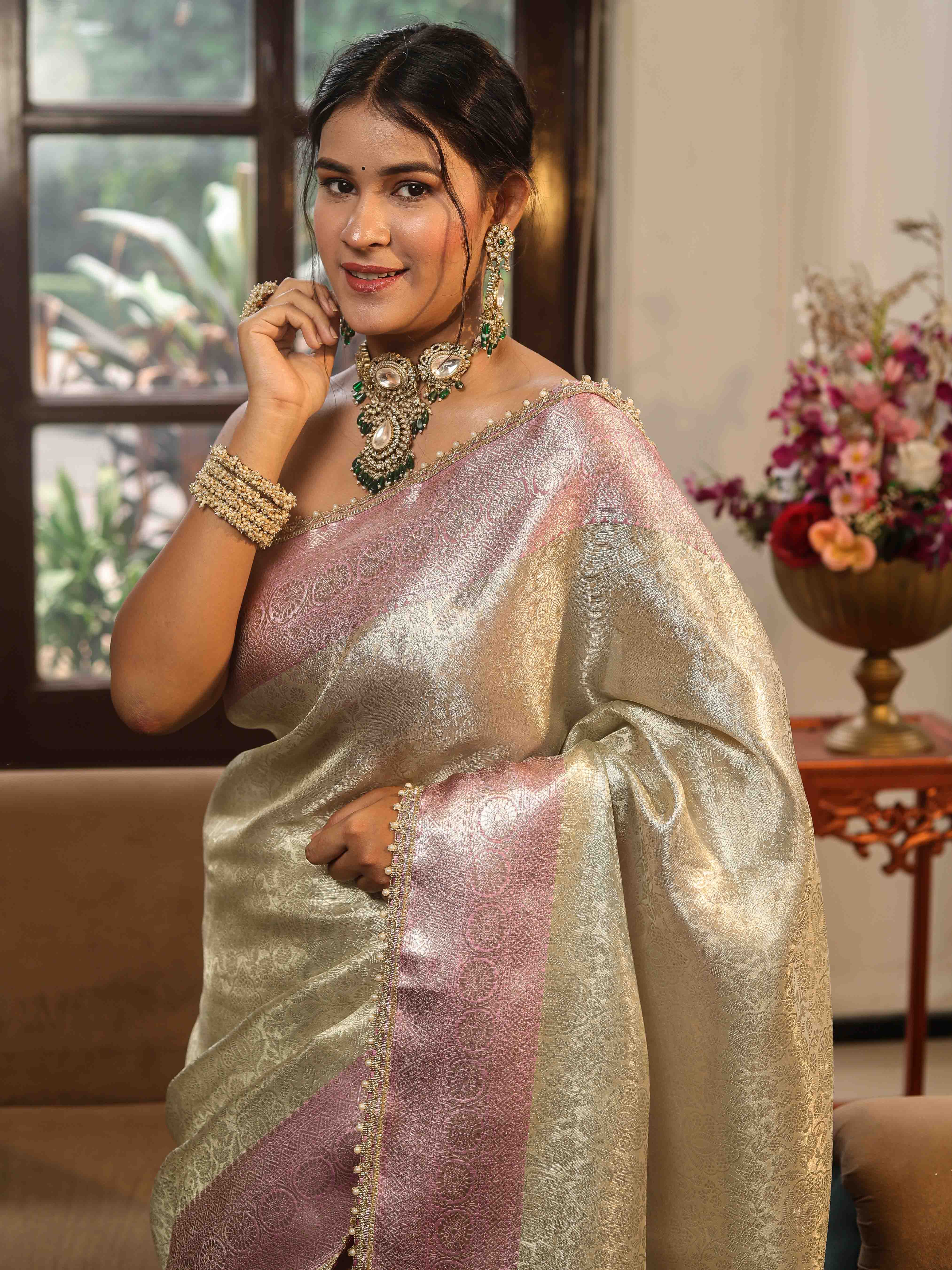 Banarasee Handwoven Tissue Saree With Zari Jaal Design & Lace-Silver & Pink
