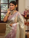 Banarasee Handwoven Tissue Saree With Zari Jaal Design & Lace-Silver & Pink