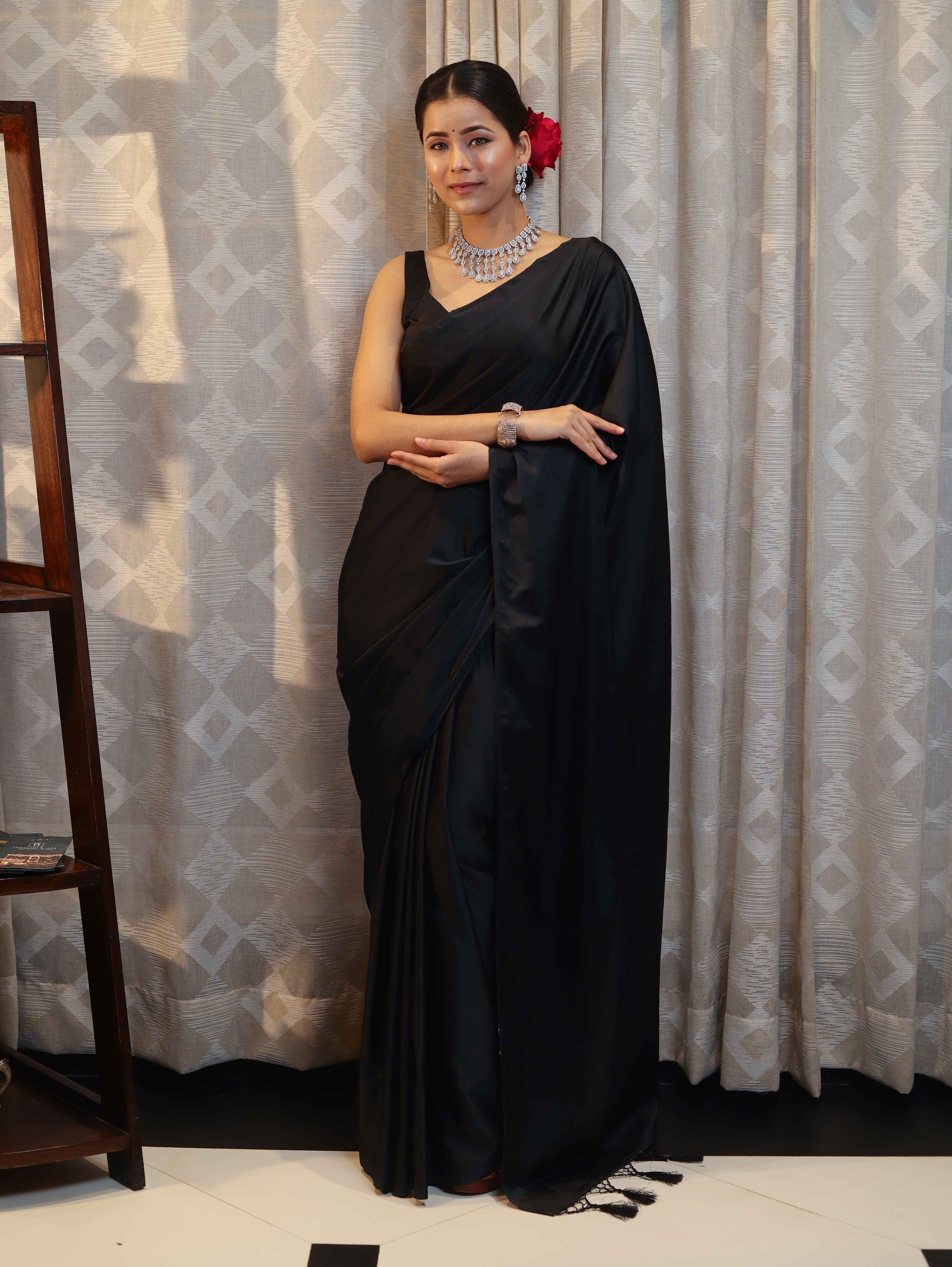 Banarasee Handloom Plain Mashru Silk Saree-Black