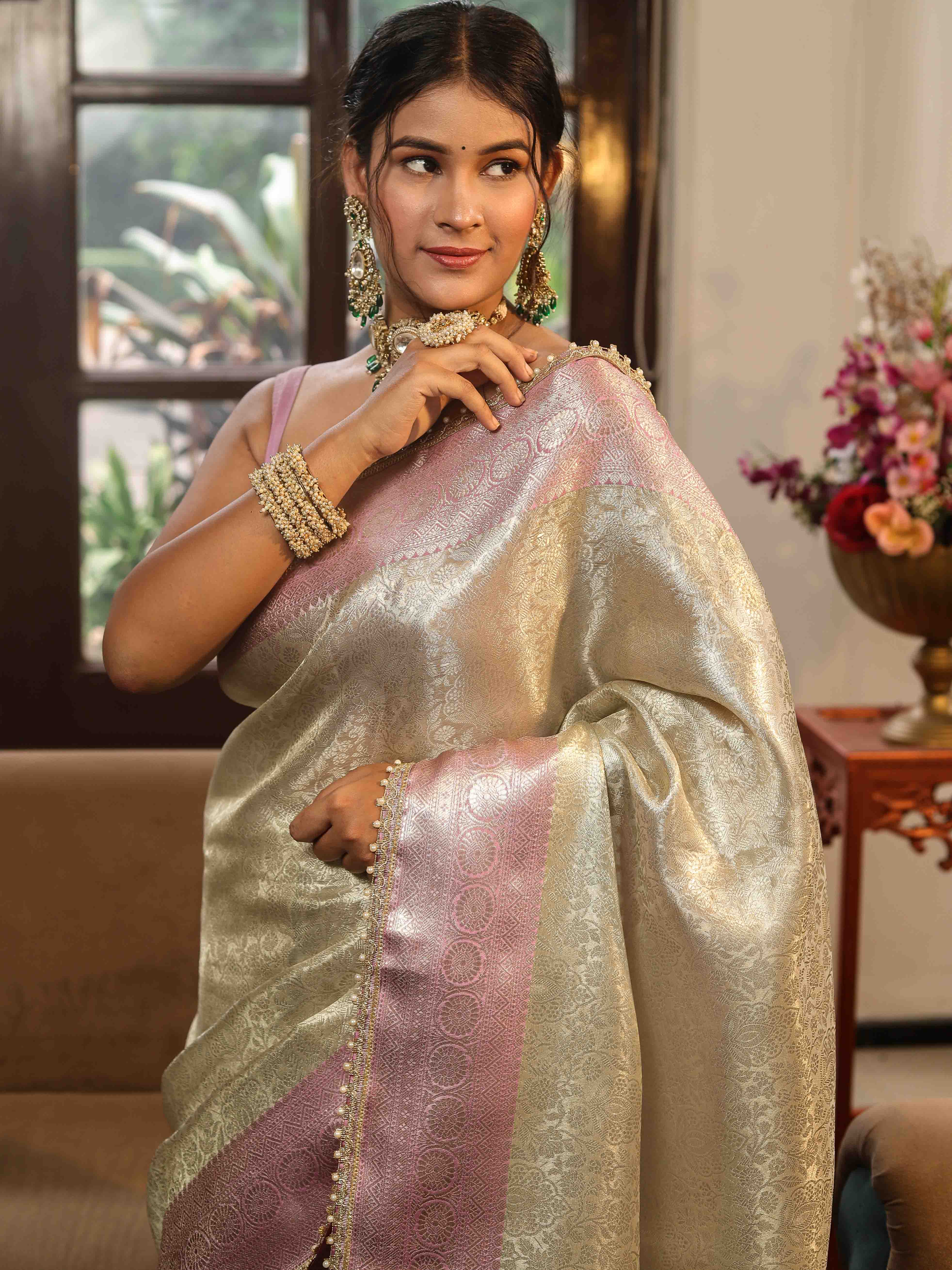 Banarasee Handwoven Tissue Saree With Zari Jaal Design & Lace-Silver & Pink