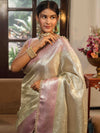 Banarasee Handwoven Tissue Saree With Zari Jaal Design & Lace-Silver & Pink