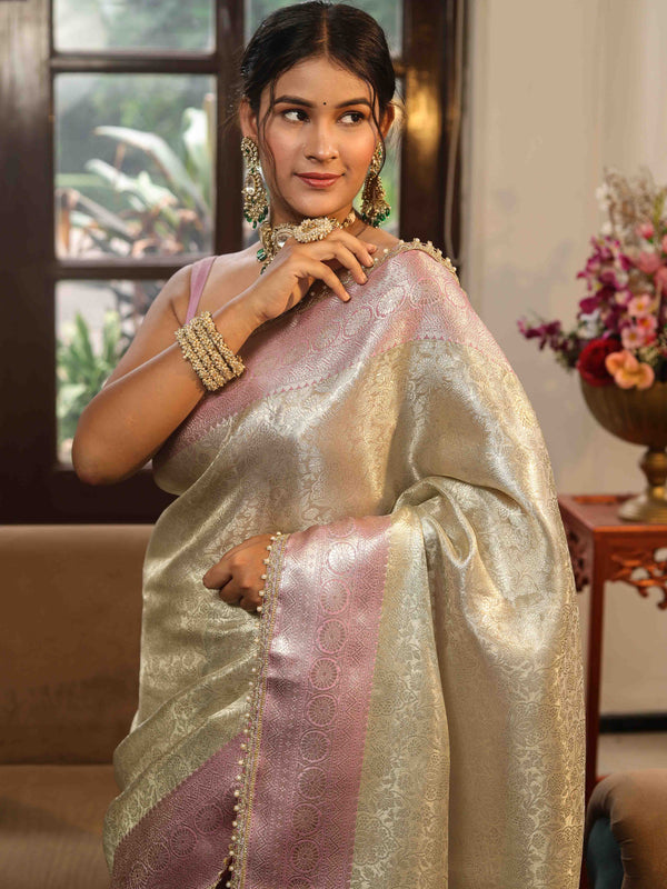 Banarasee Handwoven Tissue Saree With Zari Jaal Design & Lace-Silver & Pink