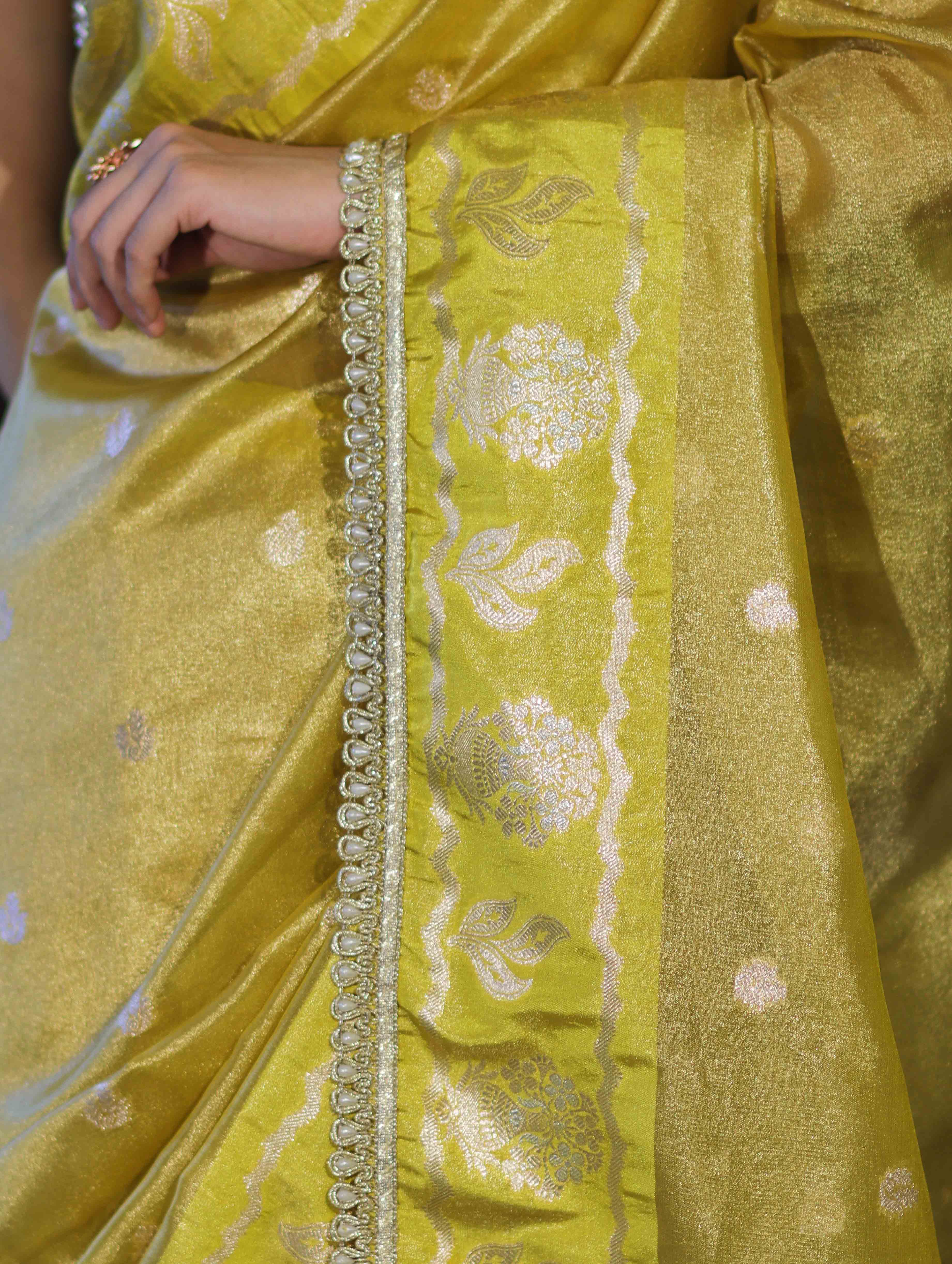 Banarasee Handloom Tissue Saree With Buti Design Contrast Border & Lace-Yellow