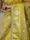Banarasee Handloom Tissue Saree With Buti Design Contrast Border & Lace-Yellow