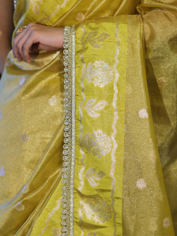Banarasee Handloom Tissue Saree With Buti Design Contrast Border & Lace-Yellow