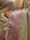 Banarasee Handwoven Tissue Saree With Zari Jaal Design & Lace-Silver & Pink
