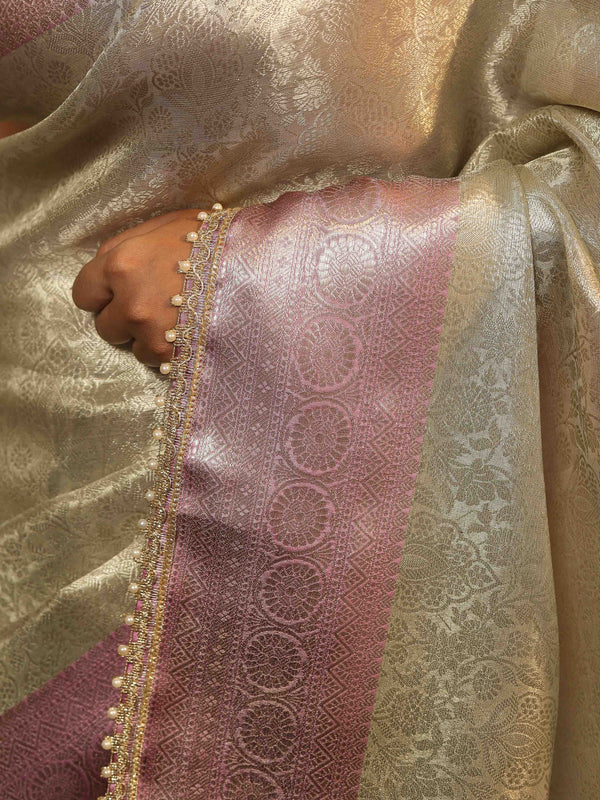 Banarasee Handwoven Tissue Saree With Zari Jaal Design & Lace-Silver & Pink