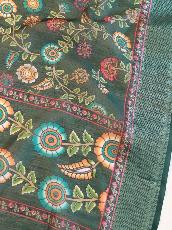 Banarasee Chanderi Cotton Kameez Zari Buti Fabric With Digital Print Dupatta-Green