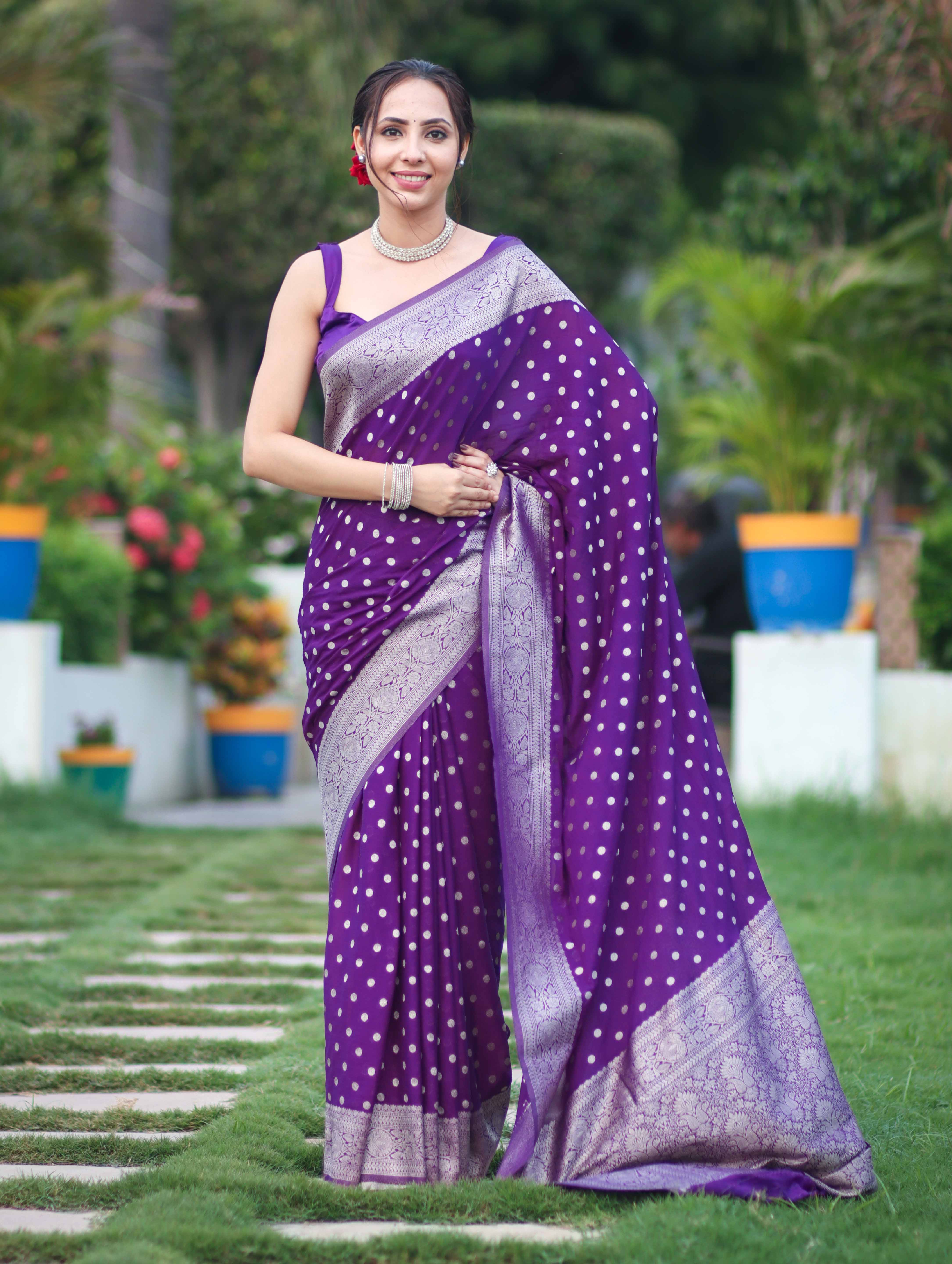 Banarasee Handwoven Chiffon Saree With Polka Dots Design & Border-Violet