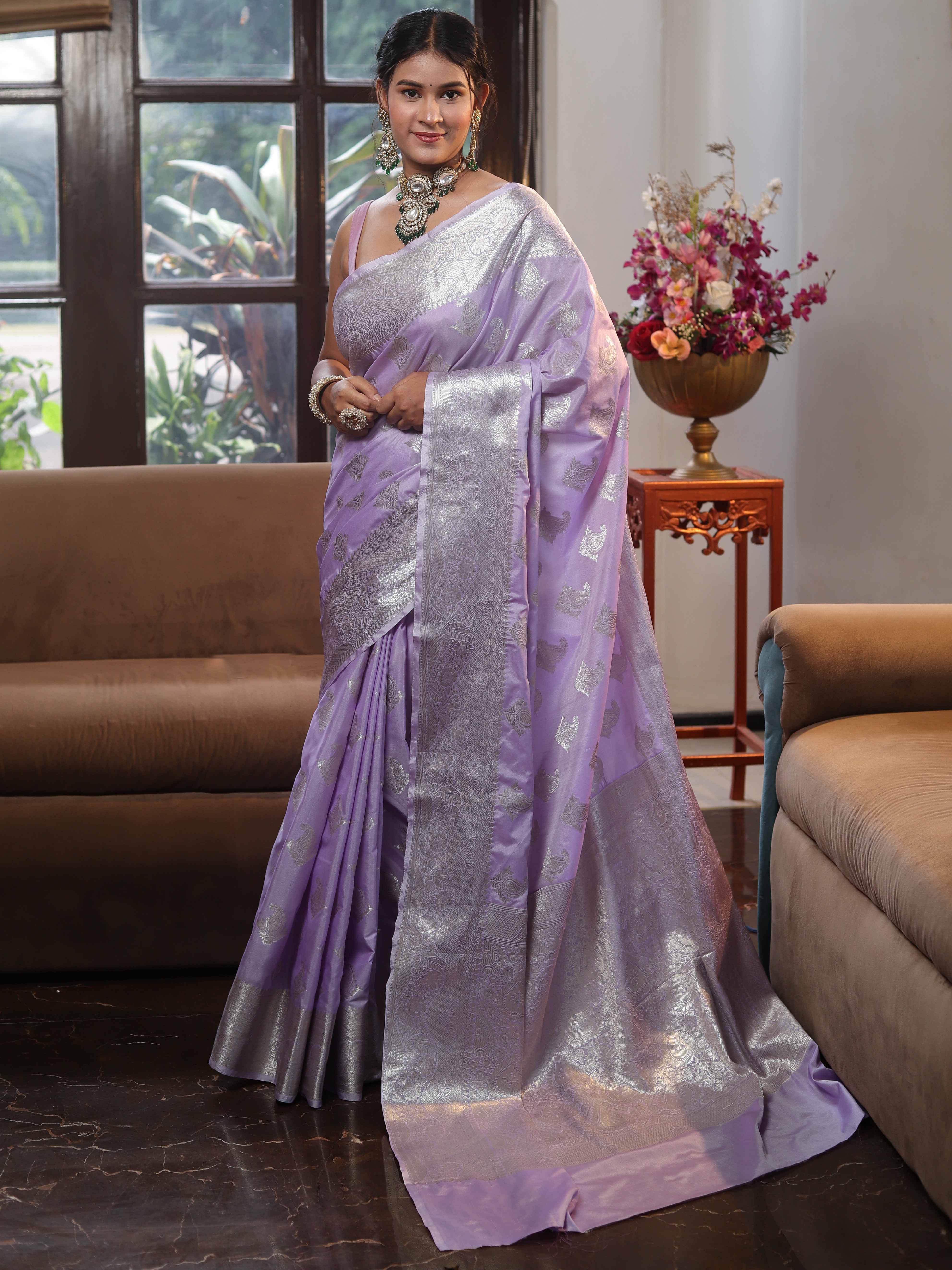 Banarasee Handwoven Semi Silk Saree With Silver Zari Buta Design-Lavender