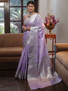 Banarasee Handwoven Semi Silk Saree With Silver Zari Buta Design-Lavender