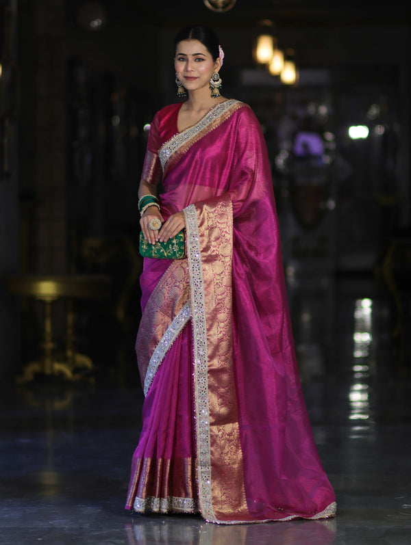 Banarasee Handloom Plain Tissue Saree With Zari Border & Lace-Deep Magenta