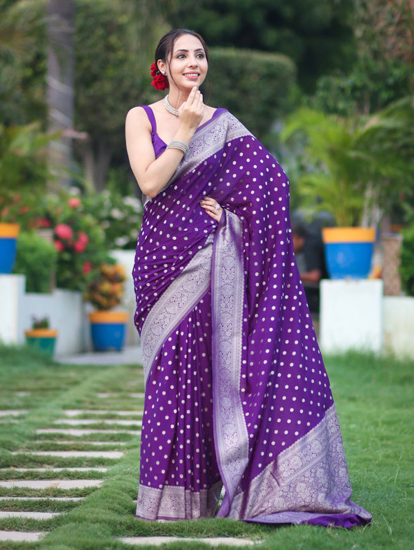 Banarasee Handwoven Chiffon Saree With Polka Dots Design & Border-Violet