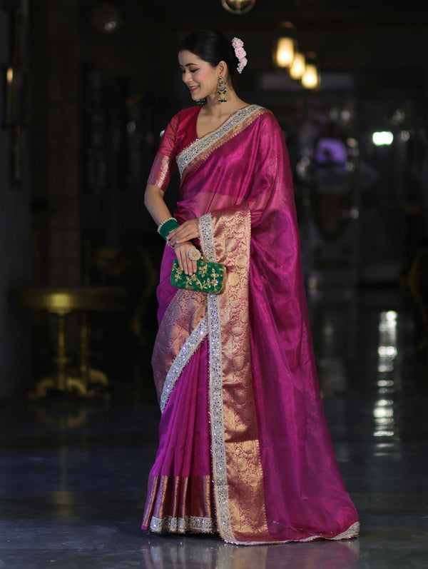 Banarasee Handloom Plain Tissue Saree With Zari Border & Lace-Deep Magenta