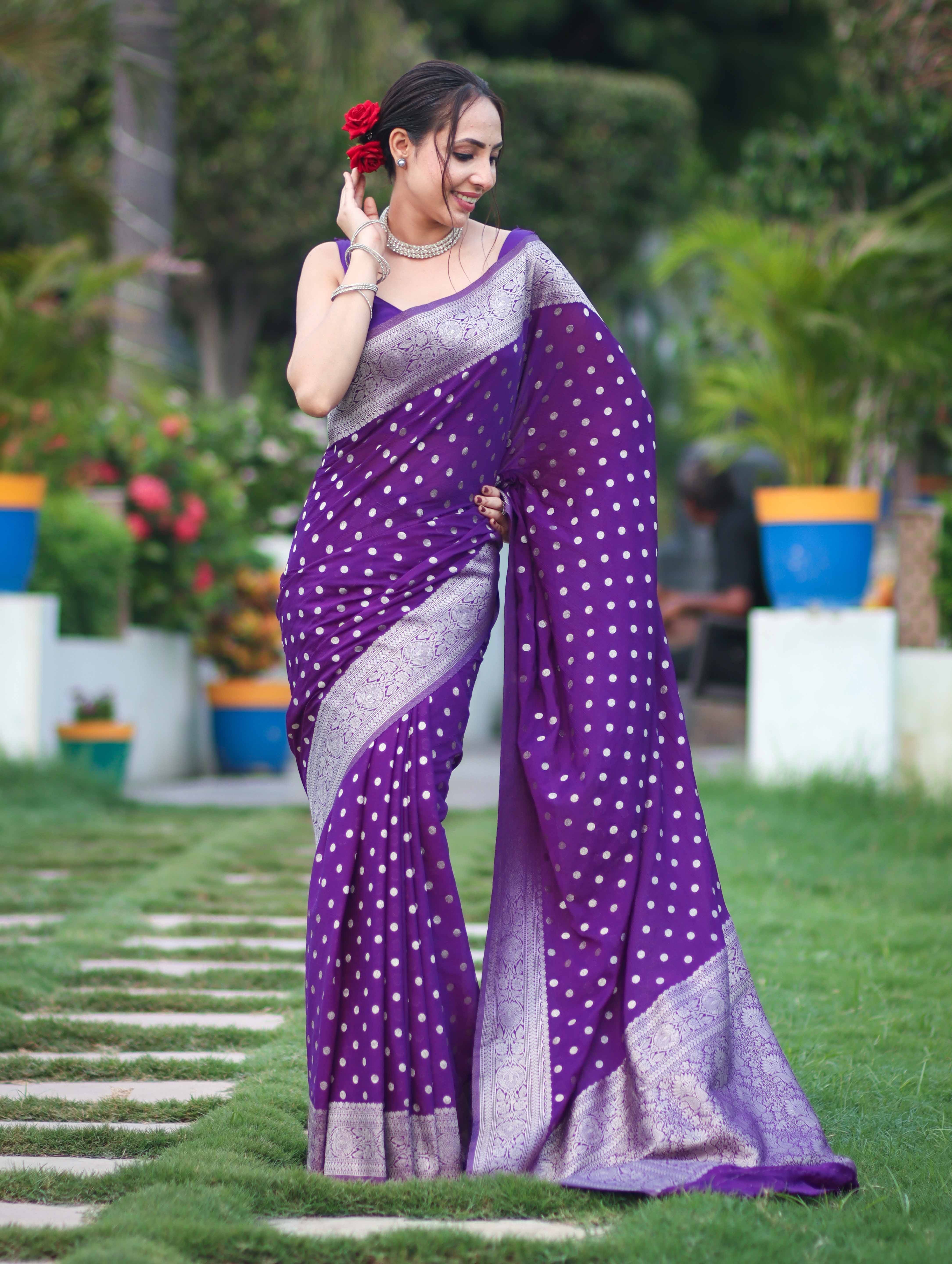 Banarasee Handwoven Chiffon Saree With Polka Dots Design & Border-Violet