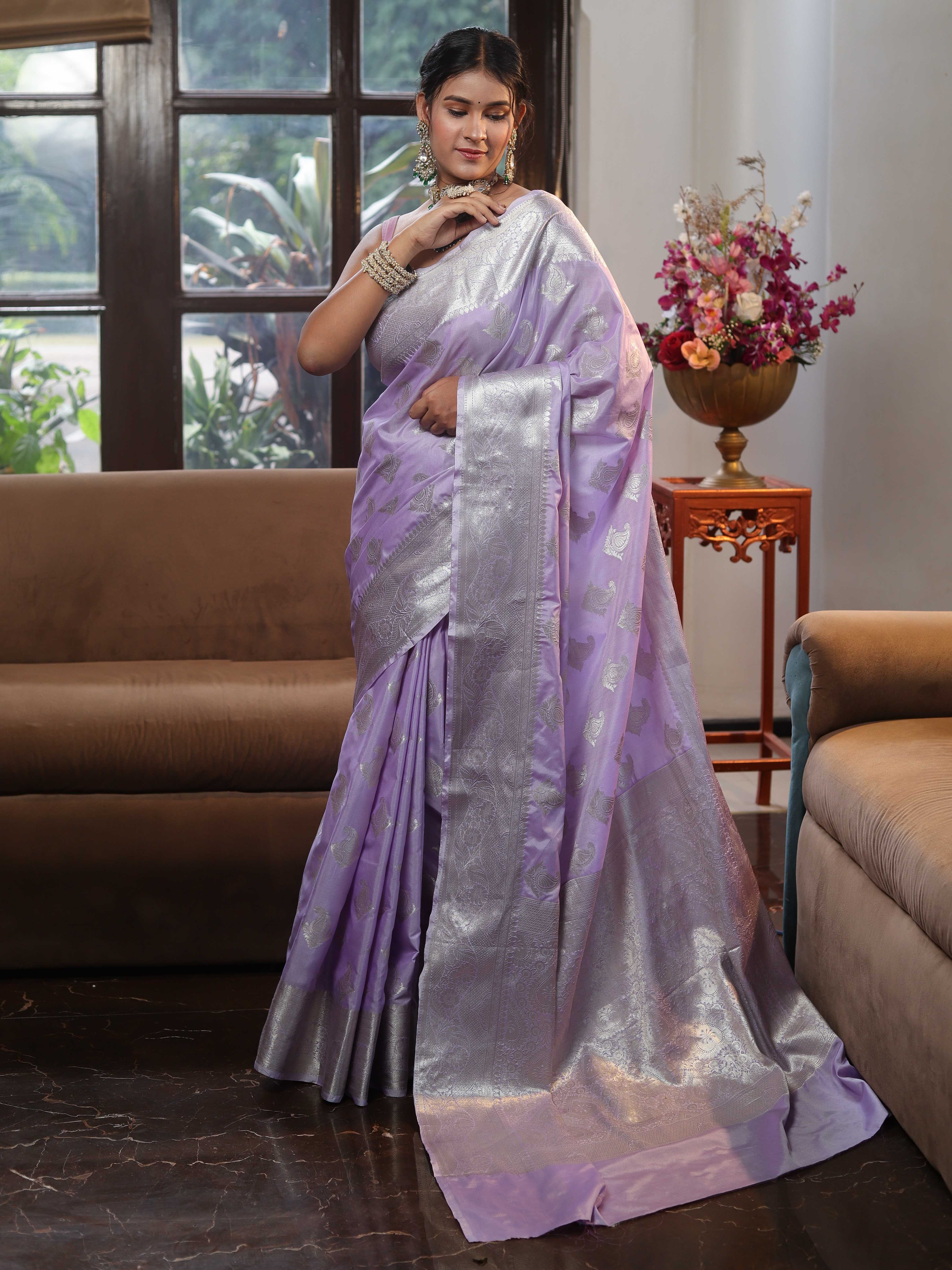 Banarasee Handwoven Semi Silk Saree With Silver Zari Buta Design-Lavender