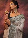 Banarasee Cotton Silk Mix Banswada Sari With Zari Buta & Contrast Border-Grey & Black