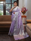 Banarasee Handwoven Semi Silk Saree With Silver Zari Buta Design-Lavender