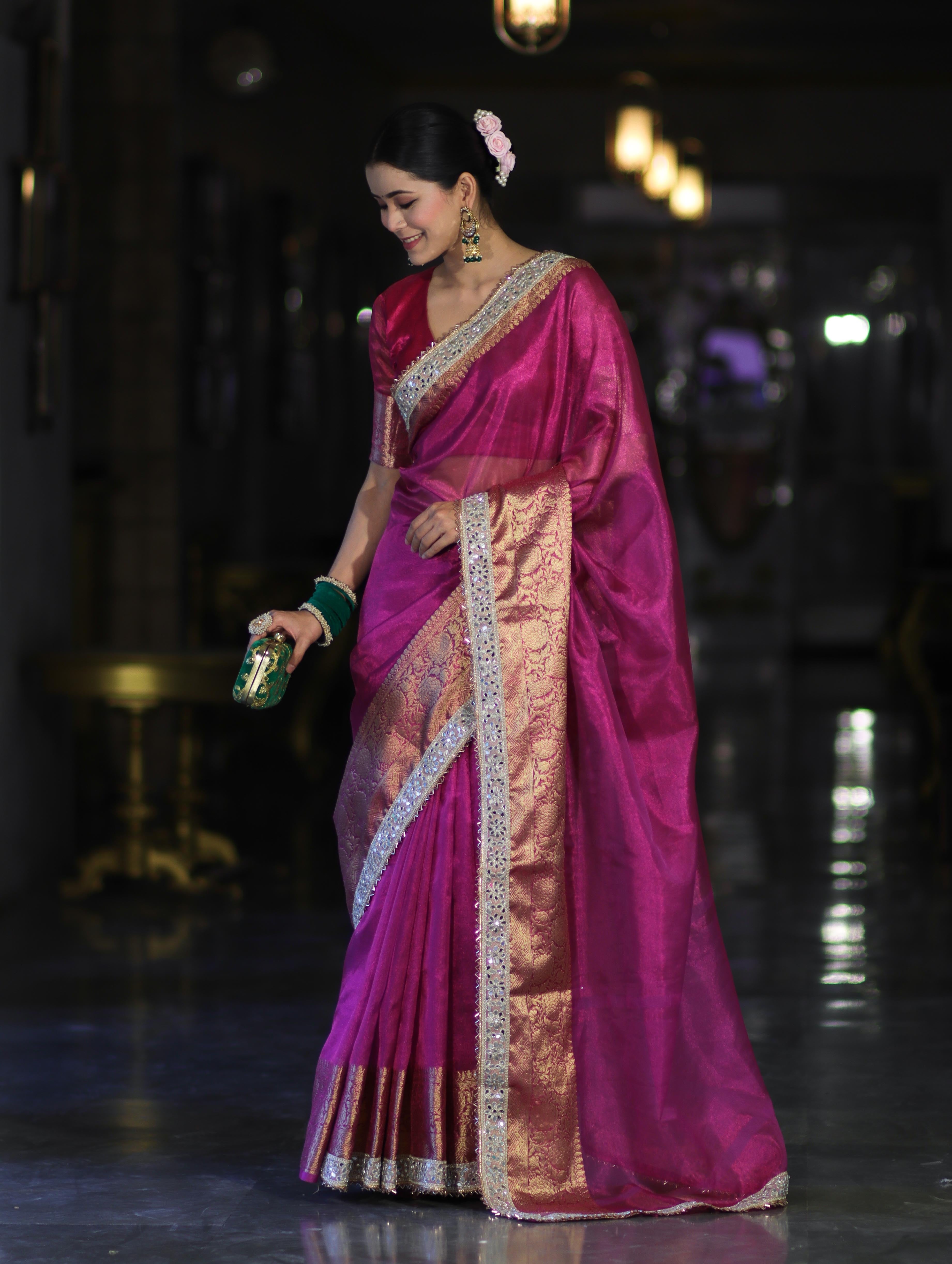 Banarasee Handloom Plain Tissue Saree With Zari Border & Lace-Deep Magenta