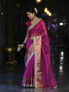 Banarasee Handloom Plain Tissue Saree With Zari Border & Lace-Deep Magenta