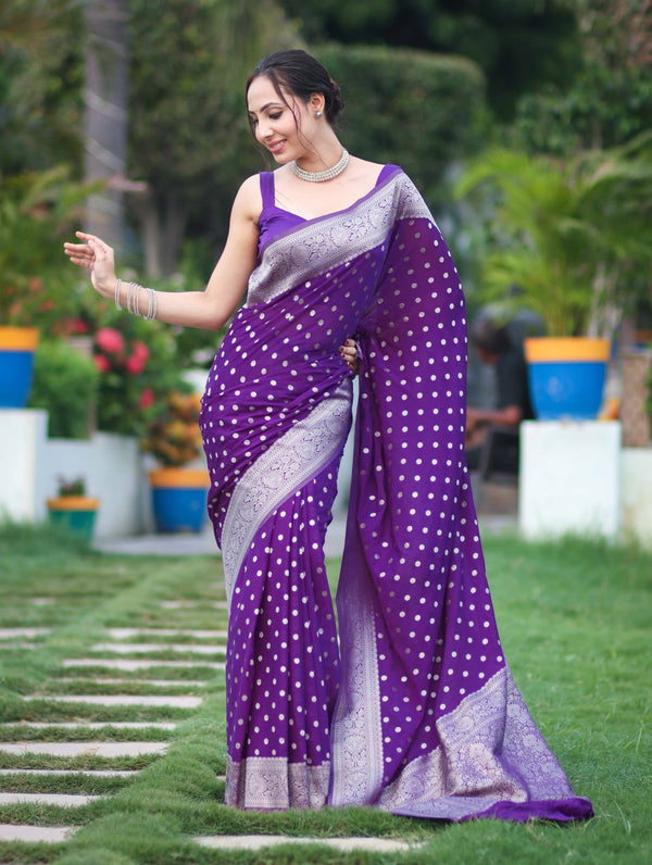 Banarasee Handwoven Chiffon Saree With Polka Dots Design & Border-Violet