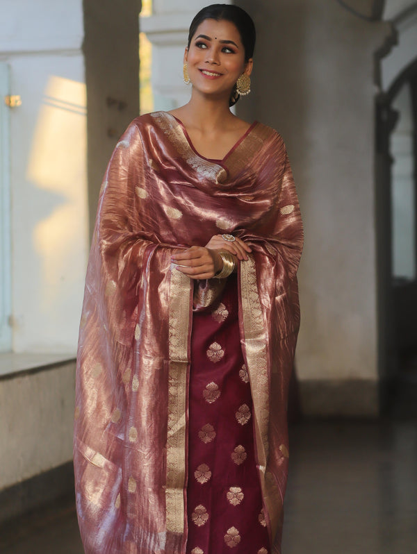Banarasee Chanderi Zari Buti Salwar Kameez Fabric With Tissue Dupatta-Magenta