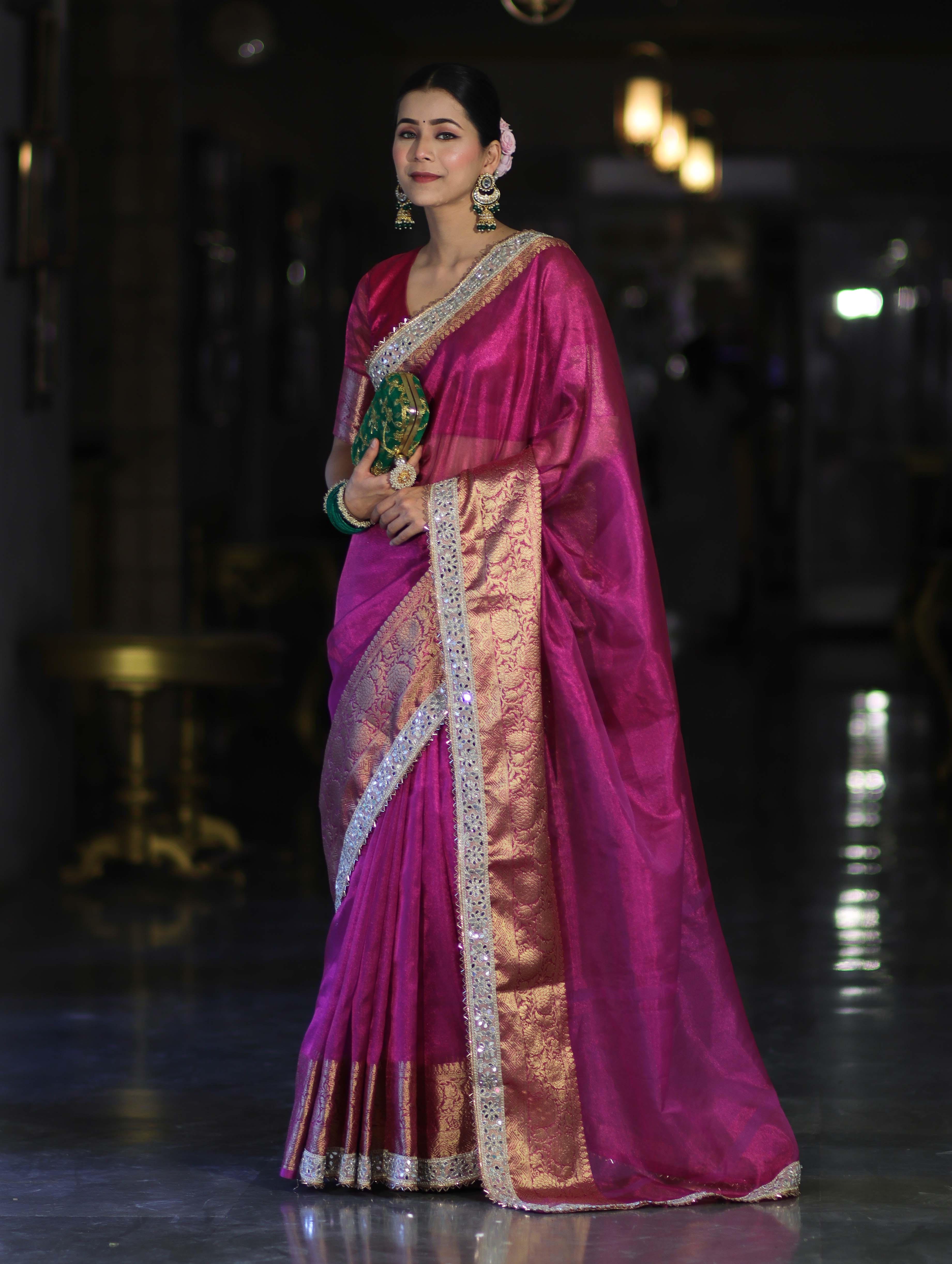 Banarasee Handloom Plain Tissue Saree With Zari Border & Lace-Deep Magenta