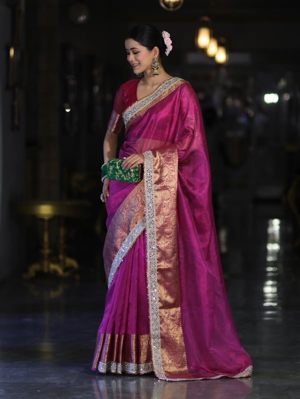 Banarasee Handloom Plain Tissue Saree With Zari Border & Lace-Deep Magenta