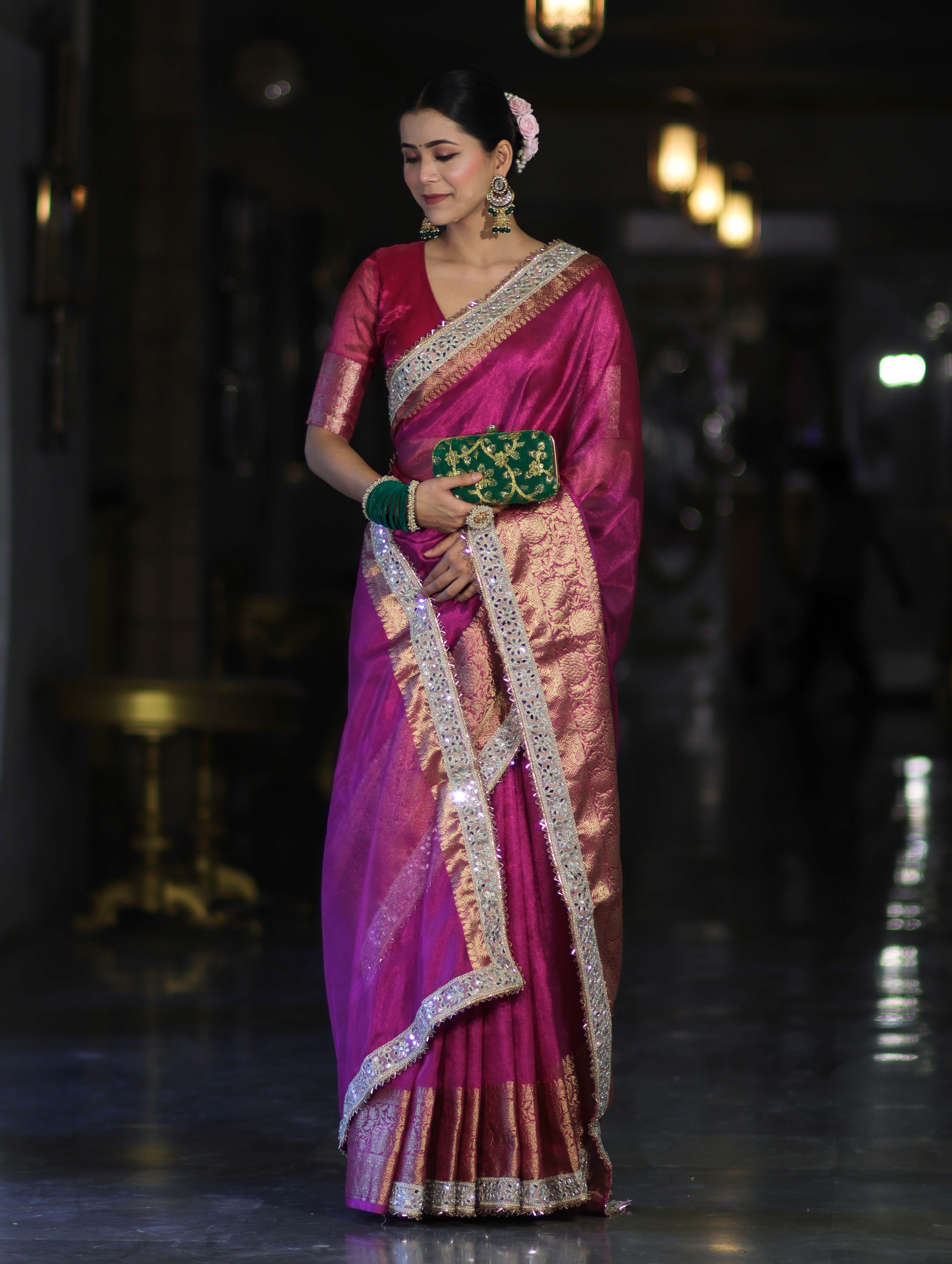 Banarasee Handloom Plain Tissue Saree With Zari Border & Lace-Deep Magenta