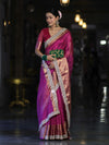 Banarasee Handloom Plain Tissue Saree With Zari Border & Lace-Deep Magenta