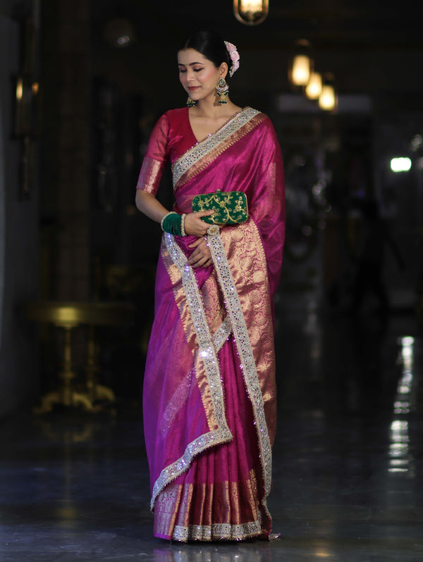 Banarasee Handloom Plain Tissue Saree With Zari Border & Lace-Deep Magenta
