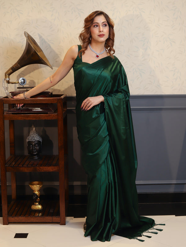 Banarasee Handloom Plain Mashru Silk Saree-Deep Green