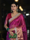 Banarasee Handloom Plain Tissue Saree With Zari Border & Lace-Deep Magenta