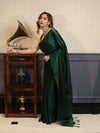 Banarasee Handloom Plain Mashru Silk Saree-Deep Green