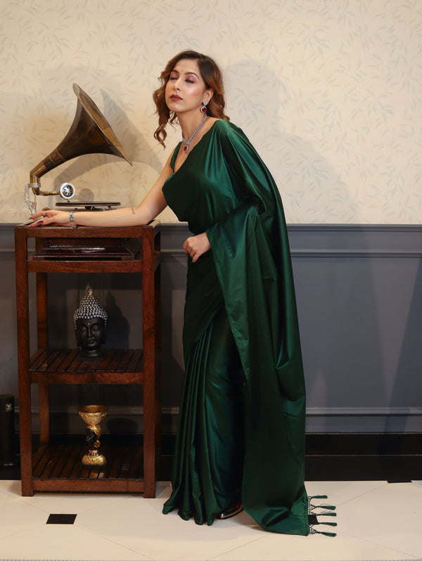 Banarasee Handloom Plain Mashru Silk Saree-Deep Green