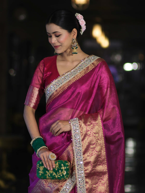 Banarasee Handloom Plain Tissue Saree With Zari Border & Lace-Deep Magenta