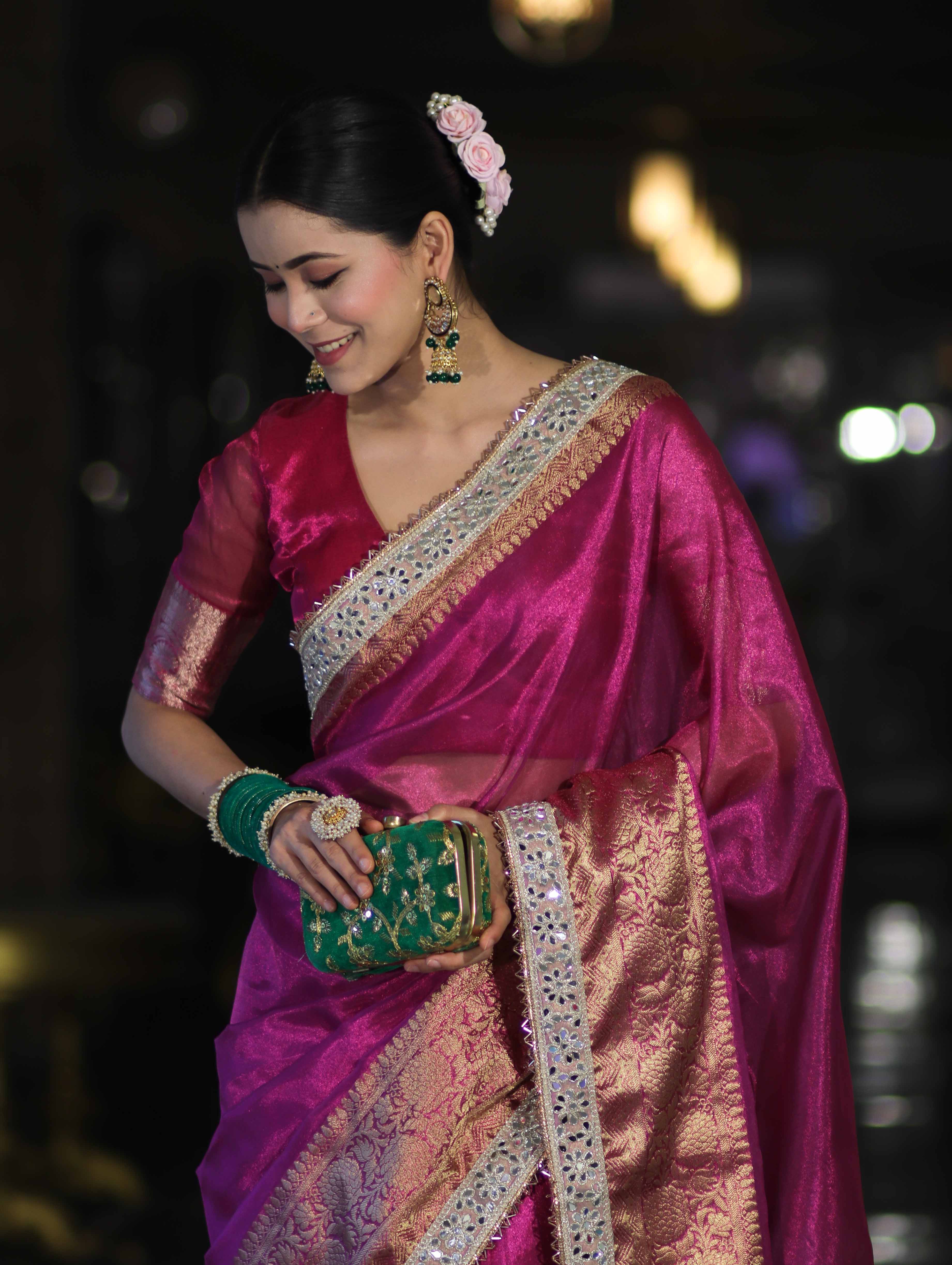 Banarasee Handloom Plain Tissue Saree With Zari Border & Lace-Deep Magenta