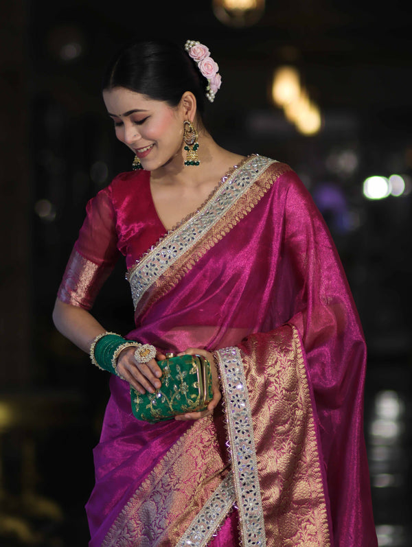 Banarasee Handloom Plain Tissue Saree With Zari Border & Lace-Deep Magenta