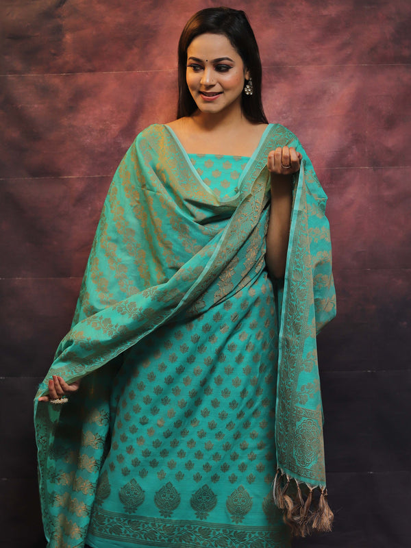 Banarasee Soft Cotton Ghichha Work Salwar Kameez Fabric With Dupatta-Green