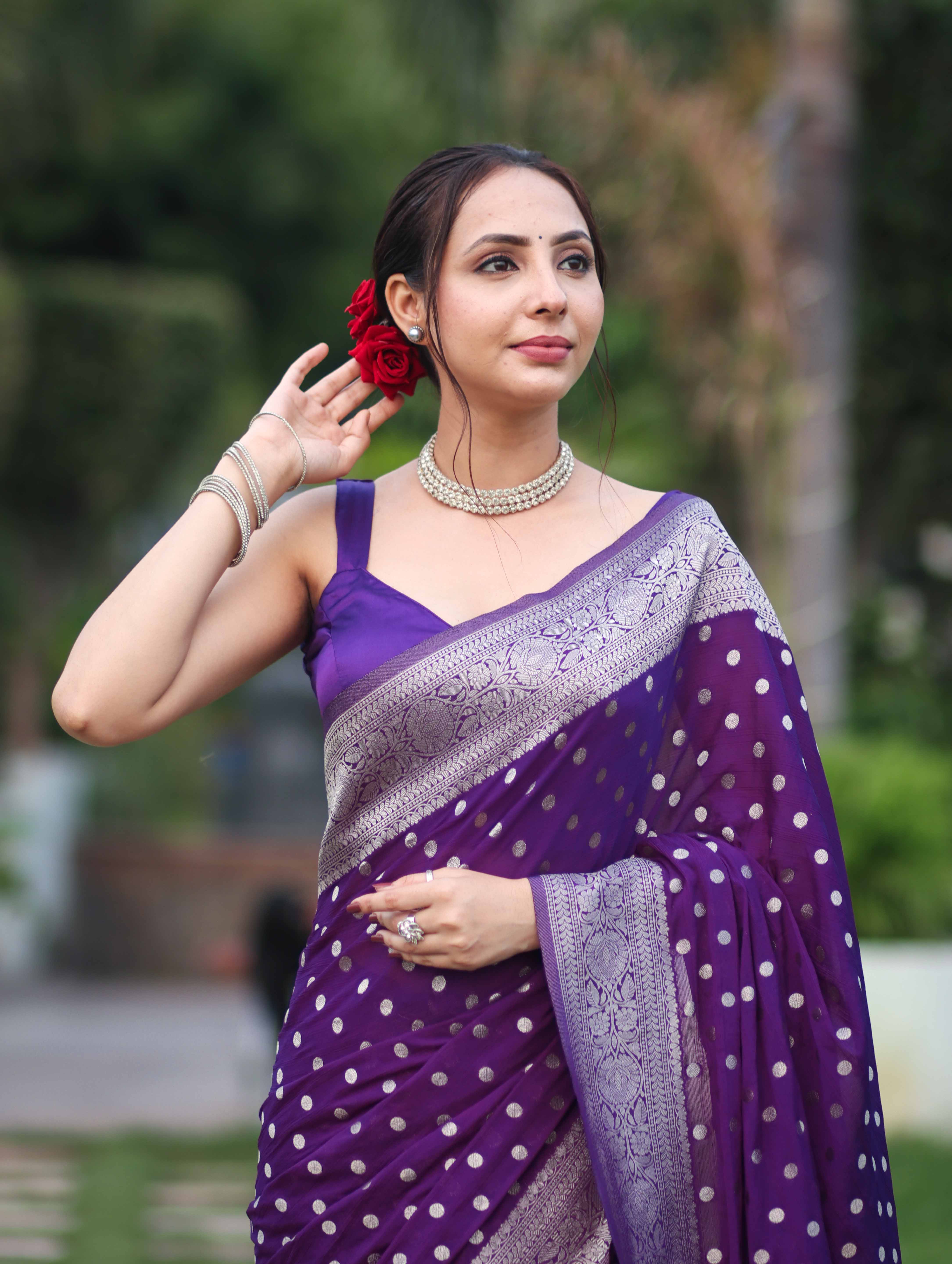 Banarasee Handwoven Chiffon Saree With Polka Dots Design & Border-Violet