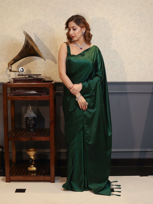 Banarasee Handloom Plain Mashru Silk Saree-Deep Green