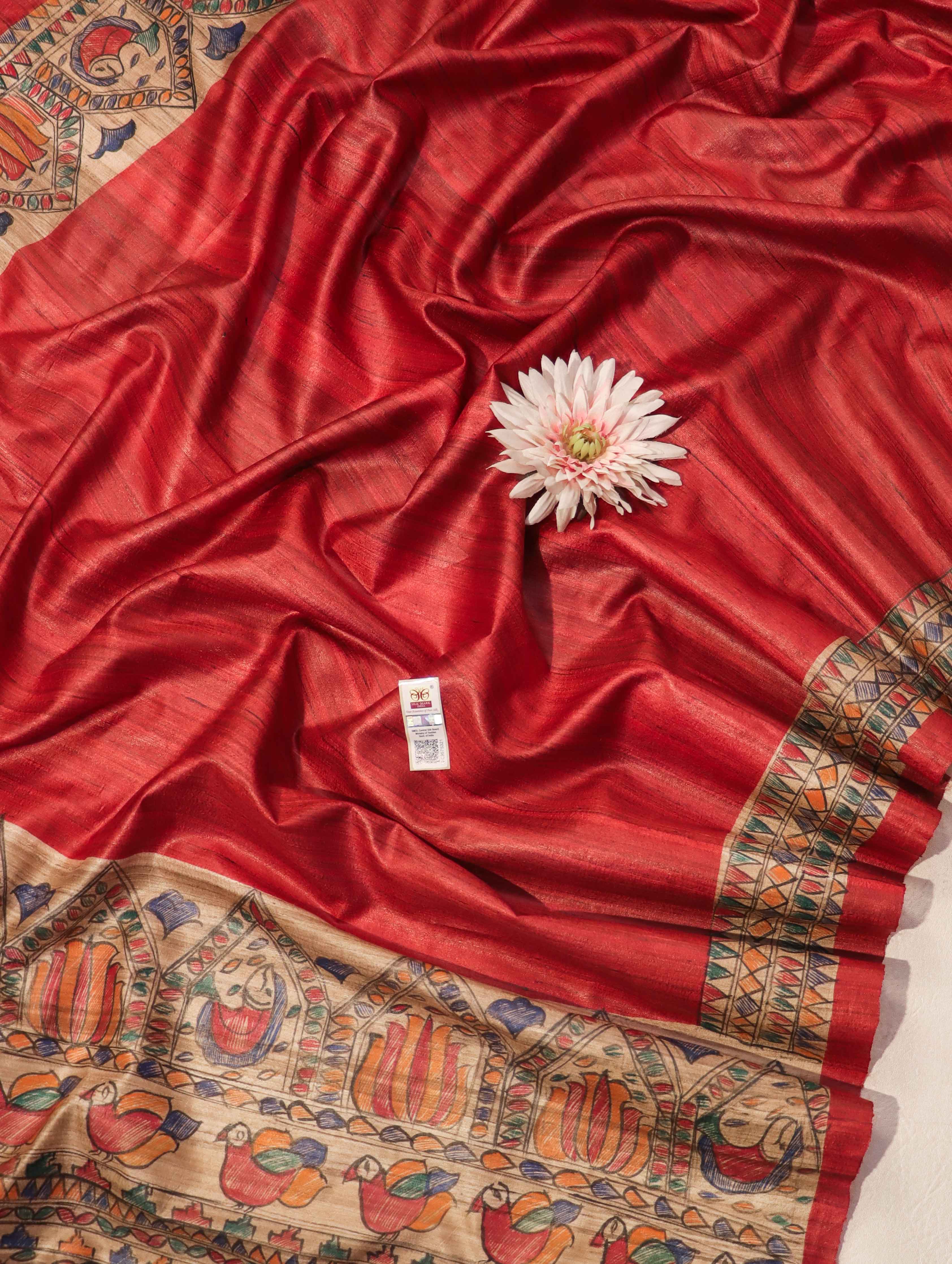 Bhagalpur Handloom Pure Tussar Silk Saree With Hand Block Painted Madhubani Design-Red