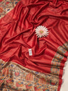 Bhagalpur Handloom Pure Tussar Silk Saree With Hand Block Painted Madhubani Design-Red