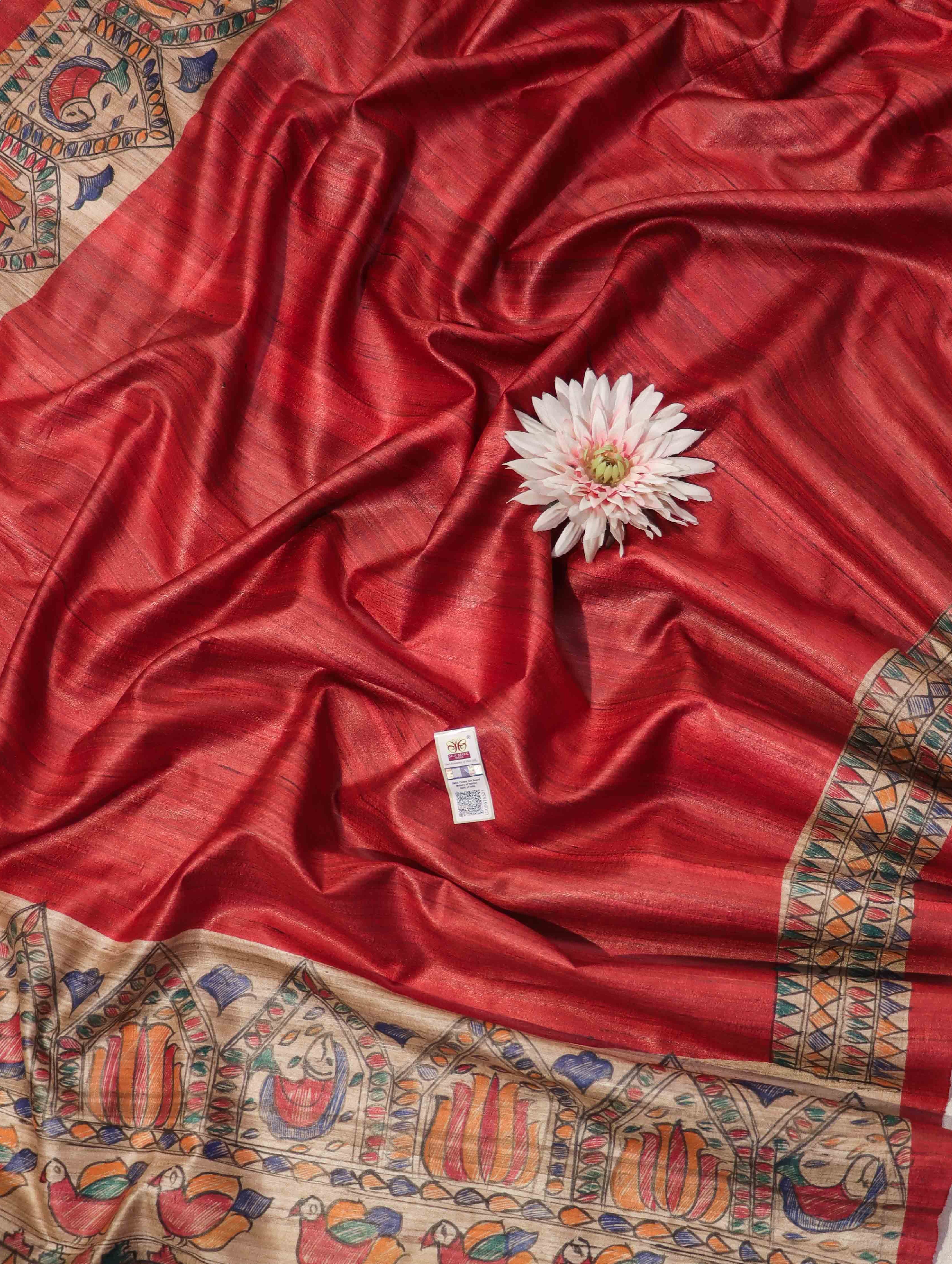 Bhagalpur Handloom Pure Tussar Silk Saree With Hand Block Painted Madhubani Design-Red